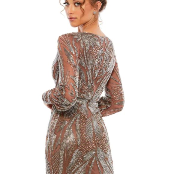 MAC DUGGAL BEADED LONG SLEEVE MOCHA MIDI COCKTAIL DRESS sz 2 - Picture 3 of 6